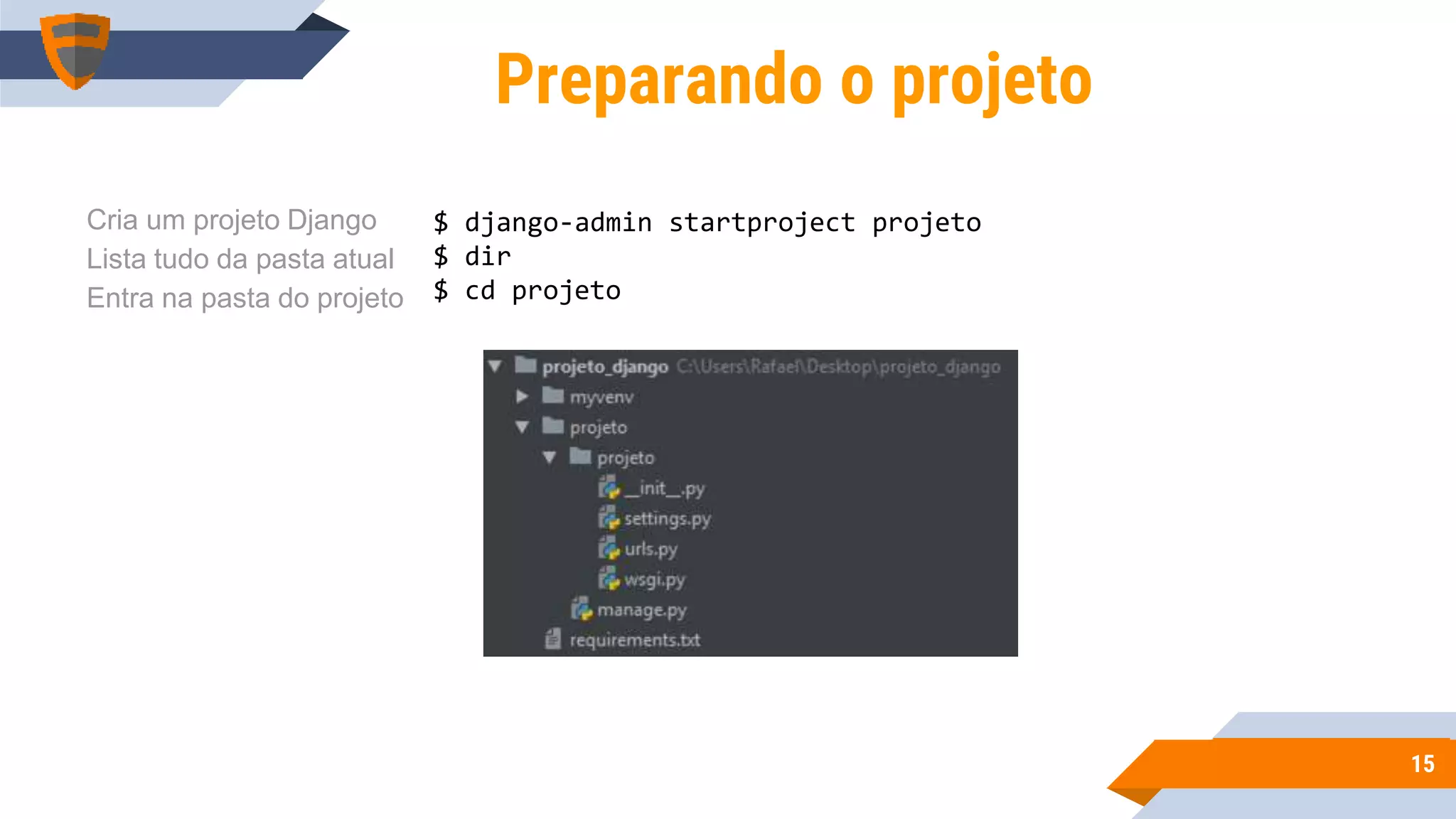 1515
$ django-admin startproject projeto
$ dir
$ cd projeto
Preparando o projeto
Cria um projeto Django
Lista tudo da pasta atual
Entra na pasta do projeto
 