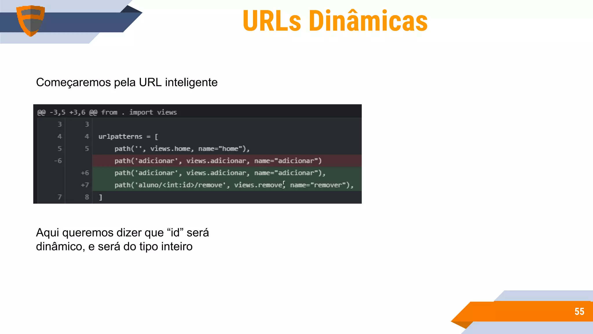 5555
URLs Dinâmicas
Começaremos pela URL inteligente
Aqui queremos dizer que “id” será
dinâmico, e será do tipo inteiro
r
 