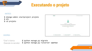 1717
$ django-admin startproject projeto
$ dir
$ cd projeto
Executando o projeto
$ python manage.py migrate
$ python manage.py runserver <porta>
ANTES:
AGORA:
“Cria” o banco
Executa no servidor
 