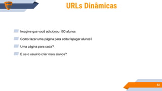 5353
URLs Dinâmicas
▰ Imagine que você adicionou 100 alunos
▰ Como fazer uma página para editar/apagar alunos?
▰ Uma página para cada?
▰ E se o usuário criar mais alunos?
 
