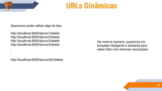5454
URLs Dinâmicas
Queremos poder utilizar algo do tipo:
http://localhost:8000/aluno/1/delete
http://localhost:8000/aluno/2/delete
http://localhost:8000/aluno/3/delete
http://localhost:8000/aluno/4/delete
.
.
.
http://localhost:8000/aluno/(ID)/delete
Da mesma maneira, queremos um
template inteligente o bastante para
saber lidar com diversas requisições
 