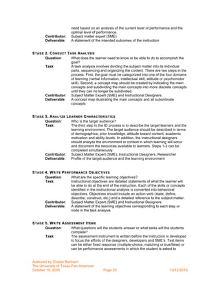 need based on an analysis of the current level of performance and the
                        optimal level of performance.
        Contributor:    Subject matter expert (SME)
        Deliverable:    A statement of the intended outcomes of the instruction


S TAGE 2. C ONDUCT T ASK A NALYSIS
       Question:      What does the learner need to know or be able to do to accomplish the
                      goal?
       Task:          A task analysis involves dividing the subject matter into its individual
                      parts, sequencing and organizing the content. There are two steps in the
                      process. First, the goal must be categorized into one of the four domains
                      of learning (verbal information, intellectual skill, attitude or psychomotor
                      skill). Second, a concept map should be created by indicating the main
                      concepts and subdividing the main concepts into more discrete concepts
                      until they can no longer be subdivided.
       Contributor: Subject Matter Expert (SME) and Instructional Designers
       Deliverable:   A concept map illustrating the main concepts and all subordinate
                      concepts


S TAGE 3. A NALYZE L EARNER C HARACTERISTICS
       Question:      Who is the target audience?
       Task:          The third step in the ID process is to describe the target learners and the
                      learning environment. The target audience should be described in terms
                      of demographics, prior knowledge, attitude toward content, academic
                      motivation and ability levels. In addition, the instructional designers
                      should analyze the environment or context in which learning will occur
                      and document the resources available to learners. Steps 1-3 can be
                      completed simultaneously.
       Contributor: Subject Matter Expert (SME), Instructional Designers, Researcher
       Deliverable:   Profile of the target audience and the learning environment


S TAGE 4. W RITE P ERFORMANCE O BJECTIVES
       Question:      What are the specific learning objectives?
       Task:          Instructional objectives are detailed statements of what the learner will
                      be able to do at the end of the instruction. Each of the skills or concepts
                      identified in the instructional analysis is converted into behavioral
                      objectives. Objectives should include an action verb (state, define,
                      describe, construct, etc.) and a detailed reference to the subject matter.
       Contributor: Subject Matter Expert (SME) and Instructional Designers
       Deliverable:   A statement of the learning objectives corresponding to each step or
                      node in the task analysis


S TAGE 5. W RITE A SSESSMENT I TEMS
       Question:      What questions will the students answer or what tasks will the students
                      complete?
       Task:          The assessment instrument is written before the instruction is developed
                      to focus the efforts of the designers, developers and SME’s. Test items
                      can be either fixed response (multiple-choice, matching or true/false) or
                      can be performance assessments in which the student is asked to


Authored by Chelse Benham
The University of Texas-Pan American
October 19, 2005                             Page 20                                   10/12/2010
 