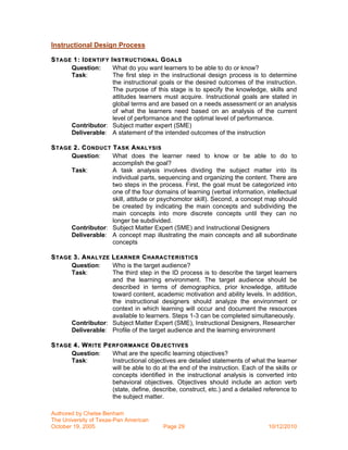 Instructional Design Process

S TAGE 1: I DENTIFY I NSTRUCTIONAL G OALS
      Question:      What do you want learners to be able to do or know?
      Task:          The first step in the instructional design process is to determine
                     the instructional goals or the desired outcomes of the instruction.
                     The purpose of this stage is to specify the knowledge, skills and
                     attitudes learners must acquire. Instructional goals are stated in
                     global terms and are based on a needs assessment or an analysis
                     of what the learners need based on an analysis of the current
                     level of performance and the optimal level of performance.
      Contributor: Subject matter expert (SME)
      Deliverable: A statement of the intended outcomes of the instruction

S TAGE 2. C ONDUCT T ASK A NALYSIS
      Question:    What does the learner need to know or be able to do to
                   accomplish the goal?
      Task:        A task analysis involves dividing the subject matter into its
                   individual parts, sequencing and organizing the content. There are
                   two steps in the process. First, the goal must be categorized into
                   one of the four domains of learning (verbal information, intellectual
                   skill, attitude or psychomotor skill). Second, a concept map should
                   be created by indicating the main concepts and subdividing the
                   main concepts into more discrete concepts until they can no
                   longer be subdivided.
      Contributor: Subject Matter Expert (SME) and Instructional Designers
      Deliverable: A concept map illustrating the main concepts and all subordinate
                   concepts

S TAGE 3. A NALYZE L EARNER C HARACTERISTICS
      Question:    Who is the target audience?
      Task:        The third step in the ID process is to describe the target learners
                   and the learning environment. The target audience should be
                   described in terms of demographics, prior knowledge, attitude
                   toward content, academic motivation and ability levels. In addition,
                   the instructional designers should analyze the environment or
                   context in which learning will occur and document the resources
                   available to learners. Steps 1-3 can be completed simultaneously.
      Contributor: Subject Matter Expert (SME), Instructional Designers, Researcher
      Deliverable: Profile of the target audience and the learning environment

S TAGE 4. W RITE P ERFORMANCE O BJECTIVES
      Question:     What are the specific learning objectives?
      Task:         Instructional objectives are detailed statements of what the learner
                    will be able to do at the end of the instruction. Each of the skills or
                    concepts identified in the instructional analysis is converted into
                    behavioral objectives. Objectives should include an action verb
                    (state, define, describe, construct, etc.) and a detailed reference to
                    the subject matter.

Authored by Chelse Benham
The University of Texas-Pan American
October 19, 2005                         Page 29                                10/12/2010
 