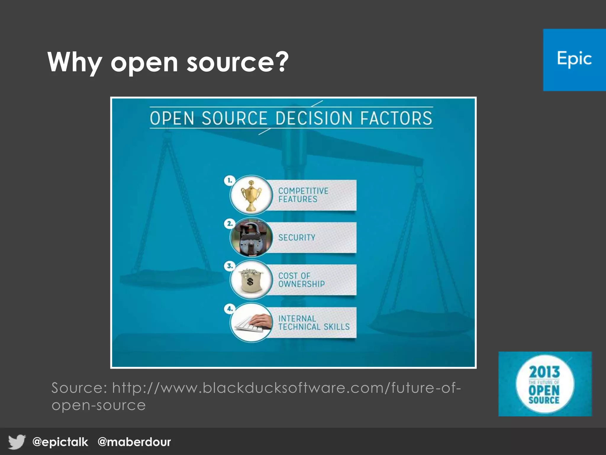 Source: http://www.blackducksoftware.com/future-of-
open-source
@epictalk @maberdour
Why open source?
@epictalk @maberdour
 