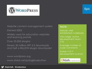 Website content management system
Started 2003
Widely used for education websites
and learning portals
Over 25,000 plugins
Nearly 30 million WP 3.5 downloads
and half a BILLION plugin downloads!
www.wordpress.org
www.ohloh.net/p/bigbluebutton
FACTS:
Mature, well
established codebase
Very large, active
development team
(15)
Average number of
code comments
Stable Y-O-Y
development activity
@epictalk @maberdour@epictalk @maberdour
 