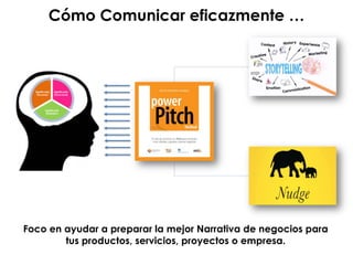 Foco en ayudar a preparar la mejor Narrativa de negocios para
tus productos, servicios, proyectos o empresa.
Cómo Comunicar eficazmente …
 