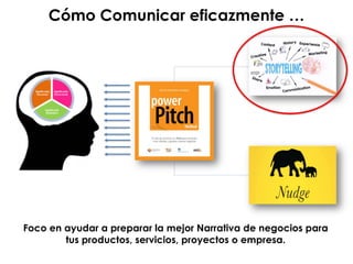 Foco en ayudar a preparar la mejor Narrativa de negocios para
tus productos, servicios, proyectos o empresa.
Cómo Comunicar eficazmente …
 