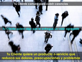 Tu Cliente quiere un producto o servicio que
reduzca sus dolores, preocupaciones y problemas
Tu Cliente compra para cubrir carencias
Tu Cliente quiere algo que le entregue un valor agregado
 