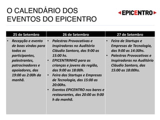 As empresas que patrocinarem o EPICENTRO poderão adotar
um bar ou restaurante do bairro de Capivari e “envelopar” o
local com sua marca e receber os participantes do evento. O
objetivo é tomar as ruas da cidade e promover os equipamentos
da cidade para fazer o evento. A “RUA DO EPICENTRO” em
Campos do Jordão vai criar uma “VIBE” incrível.
 