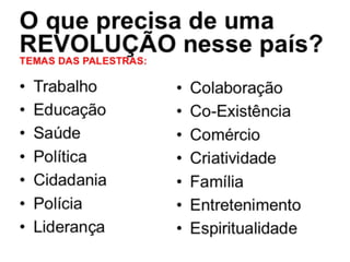 As palestras do EPICENTRO são cheias
de propostas inovadoras para
revolucionar o Brasil na maneira que
fazemos negócios e convivemos uns
com os outros.
 