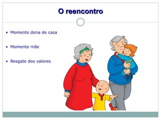 O reencontro

• Momento dona de casa


• Momento mãe


• Resgate dos valores
 