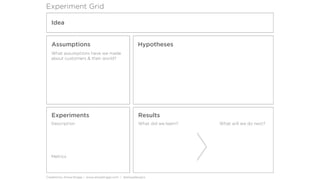 Experiment Grid
Assumptions
Experiments
Idea
Hypotheses
Results
What did we learn? What will we do next?
If we do ______, then __% of people will do ______________What assumptions have we made
about customers & their world?
Description
Metrics
Created by Alissa Briggs | www.alissabriggs.com | @alissadesigns
 