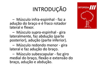 INTRODUÇÃO       –  Músculo infra-espinhal - faz a adução do braço e é fraco rotador lateral e flexor.       –  Músculo supra-espinhal - gira lateralmente, faz abdução (parte posterior), adução (parte inferior).       –  Músculo redondo menor - gira lateral e faz adução do braço.       –  Músculo subescapular - faz giro medial do braço, flexão e extensão do braço, adução e abdução.