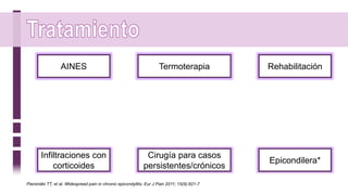 AINES Termoterapia Rehabilitación
Infiltraciones con
corticoides
Cirugía para casos
persistentes/crónicos
Epicondilera*
Pienimäki TT, et al. Widespread pain in chronic epicondylitis. Eur J Pain 2011; 15(9):921-7
 
