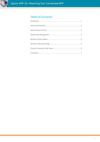 Epicor ERP 10—Reaching Out: Connected ERP
i
Table of Contents
Introduction...............................................................................................1
Services Orchestration................................................................................2
Epicor Service Connect...............................................................................2
Master Data Management.........................................................................3
Business Activity Queries............................................................................4
Electronic Data Interchange.......................................................................5
Financial Transaction Bulk Import...............................................................6
Conclusion.................................................................................................7
 
