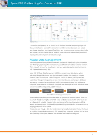 Epicor ERP 10—Reaching Out: Connected ERP
ESC Workflow
Each arriving message kicks off an instance of the workflow bound to the message’s type and
the channel where it is received. The Service Connect Administration Console is used to track
and manage workflows, view the workflow history, and sometimes resolve problems. Workflows
and activities can also be set to execute at specific times or recurring intervals for situations that
require polling external systems for relevant changes.
Master Data Management
Managing operations for multiple companies and continuously sharing data across companies is
very challenging, especially when each company uses different item codes or customer numbers.
This is especially common for manufacturers who have acquired production sites, but have not
fully integrated their resource data.
Epicor ERP 10 Master Data Management (MDM) is a comprehensive data sharing system
specifically designed for complex data synchronization scenarios. ERP 10 supports company
partitions within each instance. External companies can also be defined, which enables the
Master Data Management capabilities to keep information between local company databases
and external companies being coordinated. MDM communicates between local and external
companies either directly at the database connection level or through Microsoft ServiceBus, which
is recommended for widely distributed ERP instances.
Shared tables define which database tables are to be synchronized between systems. Tables can
be partially shared, meaning that some table values can be locked down while other values can
be independently owned or managed within each company. For example, a customer billing
address and payment terms can be read-only for subscribing companies, but other values such as
shipping preferences can be edited.
Records also pass through a data cleansing/translation process that allows identifiers and values to
be modified to match local requirements. This feature is used to translate attributes such as terms
and commodity codes within order and part records to match the subscribing data.
External Systems
External
Companies
Shared Tables Translation Conﬂict Resolution
Epicor ERP Master Data Management Components
3
 