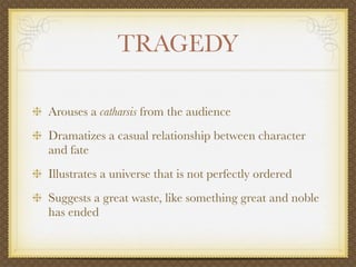 TRAGEDY
Arouses a catharsis from the audience
Dramatizes a casual relationship between character
and fate
Illustrates a universe that is not perfectly ordered
Suggests a great waste, like something great and noble
has ended