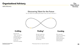 05
talent discovery
Organizational Advisory.
Presentation for Corporate Clients
www.epictalentsociety.com
V
Crafting
We start with
“why?”, we need to
understand your
business objectives
to craft the ideal
profile and
recruitment strategy
Finding*
We don’t search we
find. We learn, and
share new insights,
based on the talents
we interview
Curating
We curate with
clients, by constantly
asking how the
talents we propose
blend with your
existing teams
*Previously known as “executive search”
V
Discovering Talent for the Future
You can’t search for something that doesn’t exist, you have to discover it
 