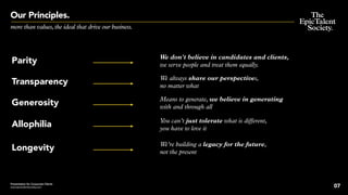 Our Principles.
more than values,the ideal that drive our business.
Parity We don’t believe in candidates and clients,
we serve people and treat them equally.
Transparency We always share our perspectives,
no matter what
Generosity Means to generate, we believe in generating
with and through all
Allophilia You can’t just tolerate what is diﬀerent,
you have to love it
Longevity We’re building a legacy for the future,
not the present
07
Presentation for Corporate Clients
www.epictalentsociety.com
 
