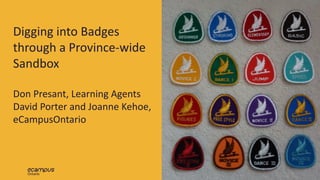 1
Digging	into	Badges	
through	a	Province-wide	
Sandbox
Don	Presant,	Learning	Agents
David	Porter	and	Joanne	Kehoe,	
eCampusOntario
 