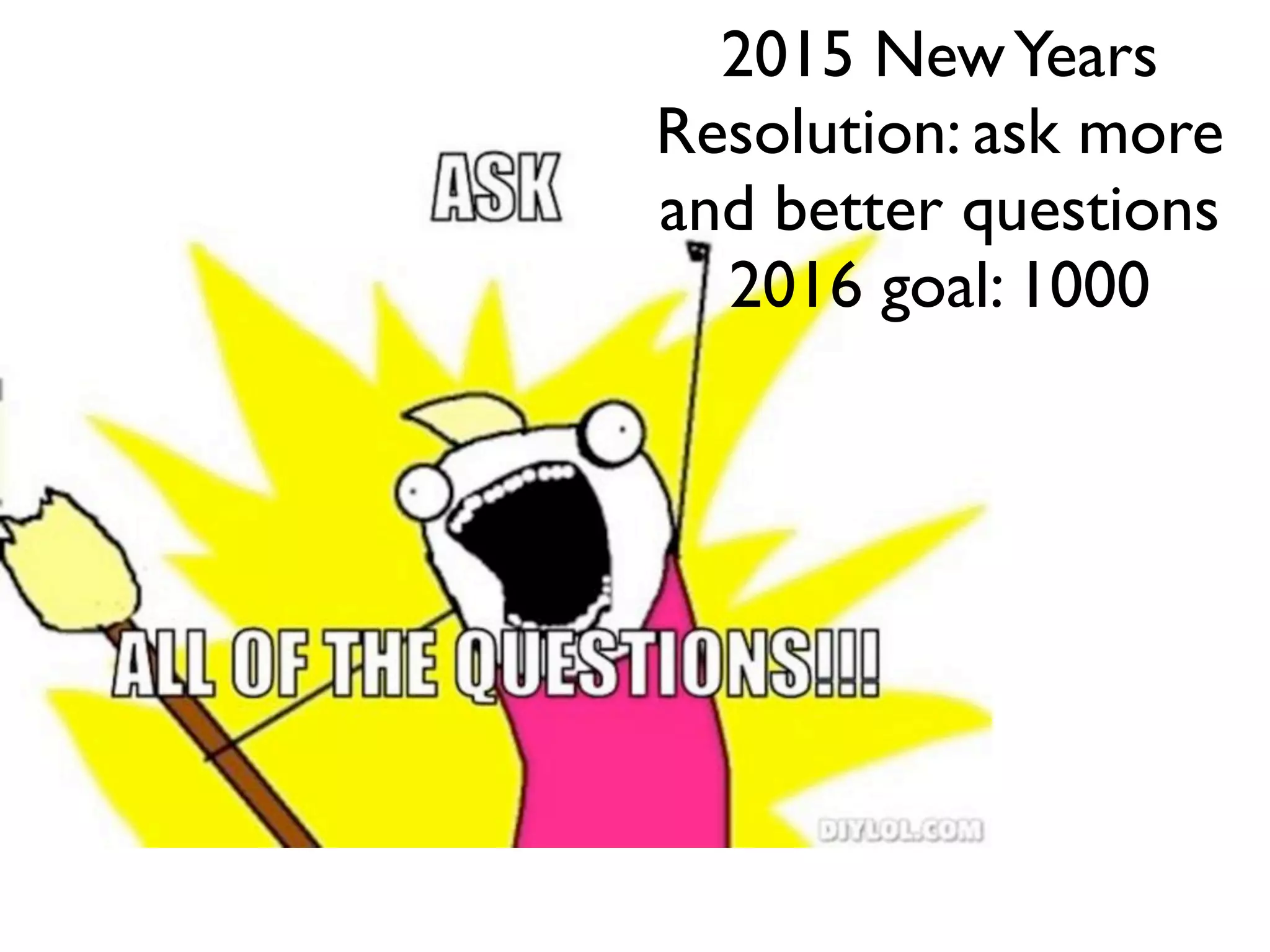2015 NewYears
Resolution: ask more
and better questions
2016 goal: 1000
 