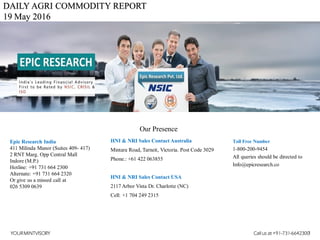 DAILY AGRI COMMODITY REPORT
19 May 2016
HNI & NRI Sales Contact Australia
Mintara Road, Tarneit, Victoria. Post Code 3029
Phone.: +61 422 063855
HNI & NRI Sales Contact USA
2117 Arbor Vista Dr. Charlotte (NC)
Cell: +1 704 249 2315
Toll Free Number
1-800-200-9454
All queries should be directed to
Info@epicresearch.co
1
Epic Research India
411 Milinda Manor (Suites 409- 417)
2 RNT Marg. Opp Central Mall
Indore (M.P.)
Hotline: +91 731 664 2300
Alternate: +91 731 664 2320
Or give us a missed call at
026 5309 0639
Our Presence
YOURMINTVISORY Call us at +91-731-6642300
 