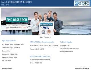 YOUR MINTVISORY Call us at +91-731-6642300
03 Feb 2016
DAILY COMMODITY REPORT
Our Presence
Epic Research India
411 Milinda Manor (Suites 409- 417)
2 RNT Marg. Opp Cental Mall
Indore (M.P.)
Hotline: +91 731 664 2300
Or give us a missed call at
026 5309 0639
HNI & NRI Sales Contact Australia
Mintara Road, Tarneit, Victoria. Post Code 3029
Phone.: +61 422 063855
HNI & NRI Sales Contact USA
2117 Arbor Vista Dr. Charlotte (NC)
Cell: +1 704 249 2315
Toll Free Number
1-800-200-9454
All queries should be directed to
Info@epicresearch.co
 