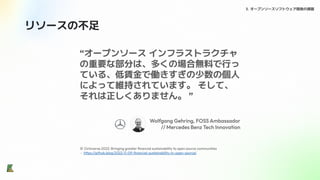 リソースの不足
3. オープンソースソフトウェア開発の課題
※ Octoverse 2022: Bringing greater ﬁnancial sustainability to open source communities
- https://github.blog/2022-11-09-ﬁnancial-sustainability-in-open-source/
“オープンソース インフラストラクチャ
の重要な部分は、多くの場合無料で行っ
ている、低賃金で働きすぎの少数の個人
によって維持されています。 そして、
それは正しくありません。 ”
Wolfgang Gehring, FOSS Ambassador
// Mercedes Benz Tech Innovation
 