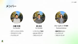 メンバー
1. チーム紹介
川崎 文武
Co-founder
・スマートコントラクト
・クラウドインフラ
・バックエンド
岸 正太
Co-founder
・ソフトウェア設計
・UI & UX デザイン
・フロントエンド
ジェームス ニーヴ 安井
Technical Advisor
・機械学習 (Ph.D.)
・バックエンド
・フロントエンド
 