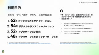 利用目的
2. オープンソースソフトウェア革命
1. 62% ITインフラのモダナイゼーション
エンタープライズオープンソースの主な用途
2. 54% デジタルトランスフォーメーション
3. 52% アプリケーション開発
4. 48% アプリケーションのモダナイゼーション
※ The State of Enterprise Open Source: A Red Hat report (2022)
- https://www.redhat.com/en/resources/state-of-enterprise-open-source-report-2022
“オープンソースは、企業がプロジェクトの
エンゲージメントや認知度を高めるのに
役立ちます。”
● より才能のある開発者を引き付けてプロジェクトに取り組
み、改善する (そして潜在的に雇用する)
● プロジェクトとテクノロジーの認知度と使用率を高める
● プロジェクトコミュニティの開発、およびより広い開発者
コミュニティ内での信頼の構築
※ Octoverse 2022: How companies are investing in open sourcet -
https://octoverse.github.com/2022/how-companies-invest-in-open-source
 