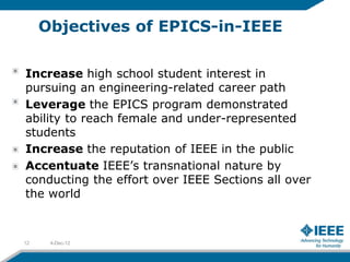 Objectives of EPICS-in-IEEE

Increase high school student interest in
pursuing an engineering-related career path
Leverage the EPICS program demonstrated
ability to reach female and under-represented
students
Increase the reputation of IEEE in the public
Accentuate IEEE’s transnational nature by
conducting the effort over IEEE Sections all over
the world



12    4-Dec-12
 
