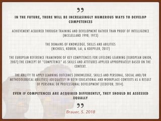Brauer, S. 2018
IN THE FUTURE, THERE WILL BE INCREASINGLY NUMEROUS WAYS TO DEVELOP
COMPETENCES
ACHIEVEMENT ACQUIRED THROUGH TRAINING AND DEVELOPMENT RATHER THAN PROOF OF INTELLIGENCE
(MCCLELLAND 1998; 1973)
THE DOMAINS OF KNOWLEDGE, SKILLS AND ABILITIES
(NICHOLS, KOBRIN, LAI, & KOEPFLER, 2017)
THE EUROPEAN REFERENCE FRAMEWORK OF KEY COMPETENCES FOR LIFELONG LEARNING (EUROPEAN UNION,
2007):THE CONCEPT OF “COMPETENCE” AS SKILLS AND ATTITUDES APPLIED APPROPRIATELY BASED ON THE
CONTEXT.
THE ABILITY TO APPLY LEARNING OUTCOMES (KNOWLEDGE, SKILLS AND PERSONAL, SOCIAL AND/OR
METHODOLOGICAL ABILITIES) ADEQUATELY IN BOTH EDUCATIONAL AND WORKPLACE CONTEXTS AS A RESULT
OF PERSONAL OR PROFESSIONAL DEVELOPMENT (CEDEFOB, 2014).
EVEN IF COMPETENCES ARE ACQUIRED DIFFERENTLY, THEY SHOULD BE ASSESSED
EQUALLY
”
”
 