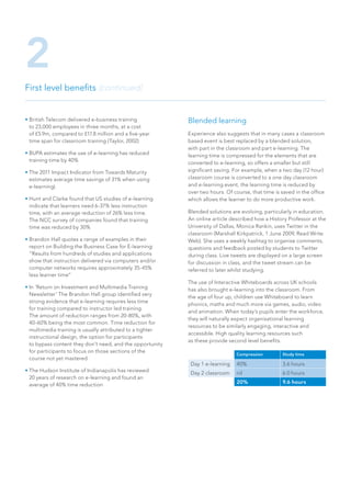 • British Telecom delivered e-business training
to 23,000 employees in three months, at a cost
of £5.9m, compared to £17.8 million and a five-year
time span for classroom training (Taylor, 2002)
• BUPA estimates the use of e-learning has reduced
training time by 40%
• The 2011 Impact Indicator from Towards Maturity
estimates average time savings of 31% when using
e-learning)
• Hunt and Clarke found that US studies of e-learning
indicate that learners need 6-37% less instruction
time, with an average reduction of 26% less time.
The NCC survey of companies found that training
time was reduced by 30%
• Brandon Hall quotes a range of examples in their
report on Building the Business Case for E-learning:
“Results from hundreds of studies and applications
show that instruction delivered via computers and/or
computer networks requires approximately 35-45%
less learner time”
• In ‘Return on Investment and Multimedia Training
Newsletter’ The Brandon Hall group identified very
strong evidence that e-learning requires less time
for training compared to instructor led training.
The amount of reduction ranges from 20-80%, with
40-60% being the most common. Time reduction for
multimedia training is usually attributed to a tighter
instructional design, the option for participants
to bypass content they don’t need, and the opportunity
for participants to focus on those sections of the
course not yet mastered
• The Hudson Institute of Indianapolis has reviewed
20 years of research on e-learning and found an
average of 40% time reduction
First level benefits (continued)
2
Blended learning
Experience also suggests that in many cases a classroom
based event is best replaced by a blended solution,
with part in the classroom and part e-learning. The
learning time is compressed for the elements that are
converted to e-learning, so offers a smaller but still
significant saving. For example, when a two day (12 hour)
classroom course is converted to a one day classroom
and e-learning event, the learning time is reduced by
over two hours. Of course, that time is saved in the office
which allows the learner to do more productive work.
Blended solutions are evolving, particularly in education.
An online article described how a History Professor at the
University of Dallas, Monica Rankin, uses Twitter in the
classroom (Marshall Kirkpatrick, 1 June 2009, Read Write
Web). She uses a weekly hashtag to organise comments,
questions and feedback posted by students to Twitter
during class. Live tweets are displayed on a large screen
for discussion in class, and the tweet stream can be
referred to later whilst studying.
The use of Interactive Whiteboards across UK schools
has also brought e-learning into the classroom. From
the age of four up, children use Whiteboard to learn
phonics, maths and much more via games, audio, video
and animation. When today’s pupils enter the workforce,
they will naturally expect organisational learning
resources to be similarly engaging, interactive and
accessible. High quality learning resources such
as these provide second level benefits.
Compression Study time
Day 1 e-learning 40% 3.6 hours
Day 2 classroom nil 6.0 hours
20% 9.6 hours
 