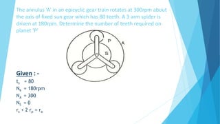 The annulus ‘A’ in an epicyclic gear train rotates at 300rpm about
the axis of fixed sun gear which has 80 teeth. A 3 arm spider is
driven at 180rpm. Determine the number of teeth required on
planet ‘P’
Given : -
ts = 80
N6 = 180rpm
NA = 300
NS = 0
rs + 2 rp = ra