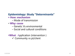18
Epidemiology: Study “Determinants”
• How: mechanism
– Mode of transmission
• Why: cause
– Genetic Vs environmental
– Social and cultural conditions
What: Application (intervention )
 Community vs pt/client
3/19/2024
 
