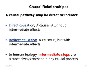 Causal Relationships:
A causal pathway may be direct or indirect:
• Direct causation, A causes B without
intermediate effects
• Indirect causation, A causes B, but with
intermediate effects
• In human biology, intermediate steps are
almost always present in any causal process:
53
3/19/2024
 