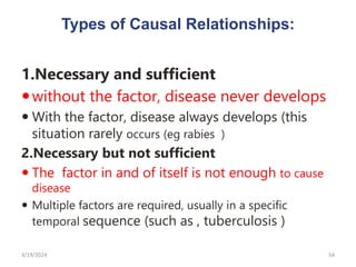 Types of Causal Relationships:
1.Necessary and sufficient
without the factor, disease never develops
 With the factor, disease always develops (this
situation rarely occurs (eg rabies )
2.Necessary but not sufficient
 The factor in and of itself is not enough to cause
disease
 Multiple factors are required, usually in a specific
temporal sequence (such as , tuberculosis )
54
3/19/2024
 