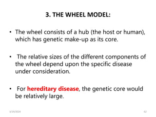 3. THE WHEEL MODEL:
• The wheel consists of a hub (the host or human),
which has genetic make-up as its core.
• The relative sizes of the different components of
the wheel depend upon the specific disease
under consideration.
• For hereditary disease, the genetic core would
be relatively large.
62
3/19/2024
 