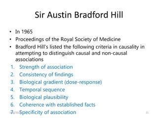 Sir Austin Bradford Hill
• In 1965
• Proceedings of the Royal Society of Medicine
• Bradford Hill’s listed the following criteria in causality in
attempting to distinguish causal and non-causal
associations
1. Strength of association
2. Consistency of findings
3. Biological gradient (dose-response)
4. Temporal sequence
5. Biological plausibility
6. Coherence with established facts
7. Specificity of association 21
3/20/2024
 