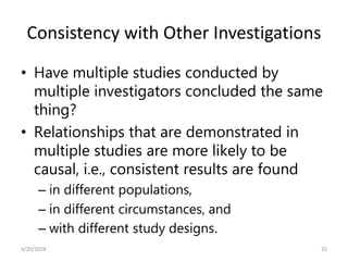 Consistency with Other Investigations
• Have multiple studies conducted by
multiple investigators concluded the same
thing?
• Relationships that are demonstrated in
multiple studies are more likely to be
causal, i.e., consistent results are found
– in different populations,
– in different circumstances, and
– with different study designs.
25
3/20/2024
 