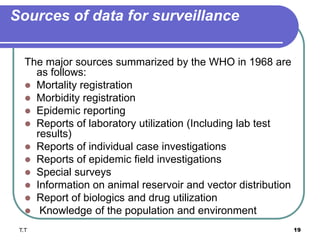 Sources of data for surveillance
The major sources summarized by the WHO in 1968 are
as follows:
 Mortality registration
 Morbidity registration
 Epidemic reporting
 Reports of laboratory utilization (Including lab test
results)
 Reports of individual case investigations
 Reports of epidemic field investigations
 Special surveys
 Information on animal reservoir and vector distribution
 Report of biologics and drug utilization
 Knowledge of the population and environment
T.T 19
 