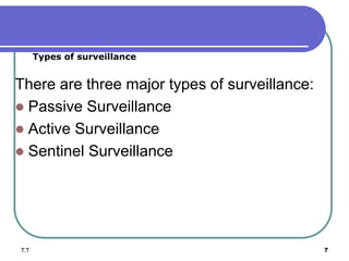 There are three major types of surveillance:
 Passive Surveillance
 Active Surveillance
 Sentinel Surveillance
T.T 7
Types of surveillance
 