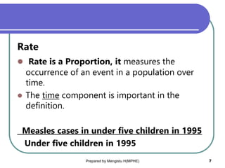 Rate
 Rate is a Proportion, it measures the
occurrence of an event in a population over
time.
 The time component is important in the
definition.
Measles cases in under five children in 1995
Under five children in 1995
Prepared by Mengistu H(MPHE) 7
 