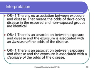 Interpretation
 OR=1 There is no association between exposure
and disease. That means the odds of developing
disease in the exposed and non-exposed groups
are identical.
 OR>1 There is an association between exposure
and disease and the exposure is associated with
an increase of the odds of the disease.
 OR<1 There is an association between exposure
and disease and the exposure is associated with a
decrease of the odds of the disease.
Prepared Mengistu Handiso(MPHE) 79
 