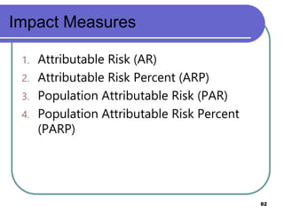 Impact Measures
82
1. Attributable Risk (AR)
2. Attributable Risk Percent (ARP)
3. Population Attributable Risk (PAR)
4. Population Attributable Risk Percent
(PARP)
 