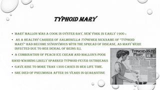 TYPHOID MARY
• MARY MALLON WAS A COOK IN OYSTER BAY, NEW YORK IN EARLY 1900 S
• AS A HEALTHY CARRIER OF SALMONELLA TYPHI H...