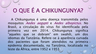 O QUE É A CHIKUNGUNYA?
A Chikungunya é uma doença transmitida pelos
mosquitos Aedes aegypti e Aedes albopictus. No
Brasil, a circulação do vírus foi identificada pela
primeira vez em 2014. Chikungunya significa
"aqueles que se dobram" em swahili, um dos
idiomas da Tanzânia. Refere-se à aparência curvada
dos pacientes que foram atendidos na primeira
epidemia documentada, na Tanzânia, localizada no
leste da África, entre 1952 e 1953.
 