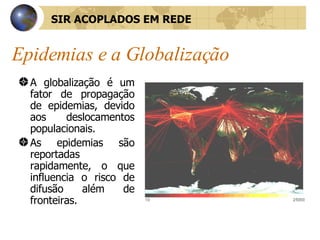 Epidemias e a Globalização A globalização é um fator de propagação de epidemias, devido aos deslocamentos populacionais.  As epidemias são reportadas rapidamente, o que influencia o risco de difusão além de fronteiras. SIR ACOPLADOS EM REDE 