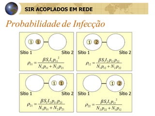 Probabilidade de Infecção 1 1 Sítio 1 Sítio 2 1 1 2 1 2 1 SIR ACOPLADOS EM REDE Sítio 1 Sítio 2 Sítio 1 Sítio 2 Sítio 1 Sítio 2 