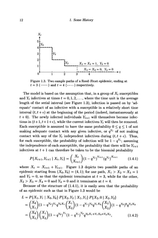 12 1. Some History
xt
5
4
3
2
1 : = X3 = 1, ^3=0
JT3 = X4 = 0, = 0
0 1 2 3 4
Figure 1.3. Two sample paths of a Reed-Frost epidemic, ending at
t = 3 ( ) and £ = 4 ( ) respectively.
The model is based on the assumption that, in a group of Xt susceptibles
and Yt infectives at times t = 0,1,2,..., where the time unit is the average
length of the serial interval (see Figure 1.3), infection is passed on by 'ad-
equate' contact of an infective with a susceptible in a relatively short time
interval (£, t + t) at the beginning of the period (indeed, instantaneously at
t + 0). The newly infected individuals Yt+ will themselves become infec-
tious in (£ + 1, £-hl-he), while the current infectives Yt will then be removed.
Each susceptible is assumed to have the same probability 0 < q < 1 of not
making adequate contact with any given infective, or qYt
of not making
contact with any of the Yt independent infectives during (£, t -h e). Thus,
for each susceptible, the probability of infection will be 1 — qYt
; assuming
the independence of each susceptible, the probability that there will be Yt+
infectives at t + 1 can therefore be taken to be the binomial probability
Xt
Xt,Yt} = (1.4.1)
where Xt = Xt+ + lt+i. Figure 1.3 depicts two possible paths of an
epidemic starting from (Xo, Yo) = (4,1); for one path, X > X2 = X3 = 1
and y3 = 0, so that the epidemic terminates at t = 3, while for the other,
X2 > X3 = Xt = 0 and Y4 = 0 and it terminates at t = 4.
Because of the structure of (1.4.1), it is easily seen that the probability
of an epidemic such as that in Figure 1.3 would be
L = P{XuY1X0,Y0}P{X2,Y2X1,Yl}P{X2,0X2,Y2}
x2
(1.4.2)
 